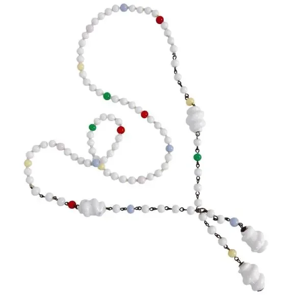 Vintage Milk Glass Lariat Necklace Long Knotted Beaded Y Drop Fun Folk Art Style - Picture 7 of 13